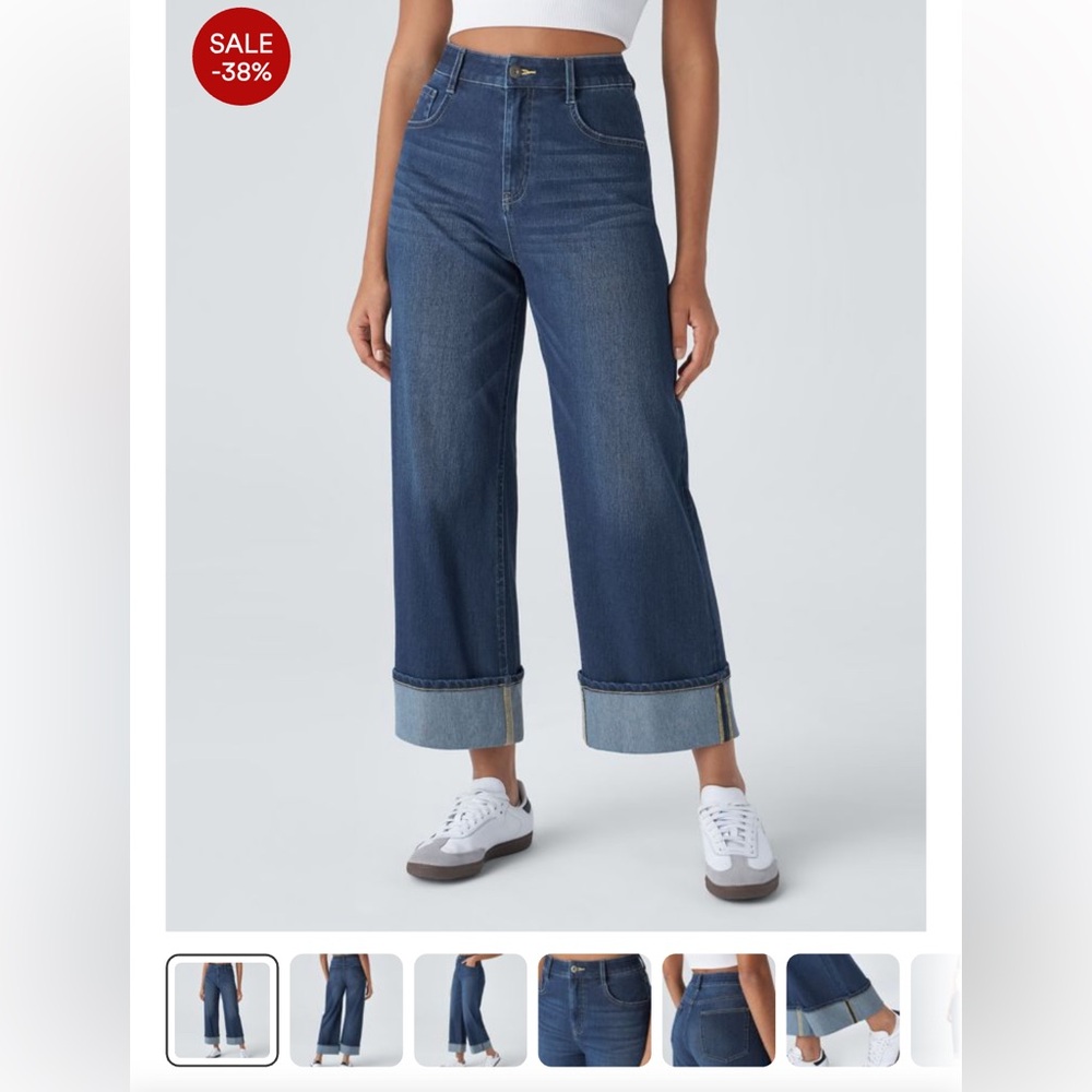 HALARA Dark Blue High-Rise Wide Leg Jeans with Cuff new Small P shorter length